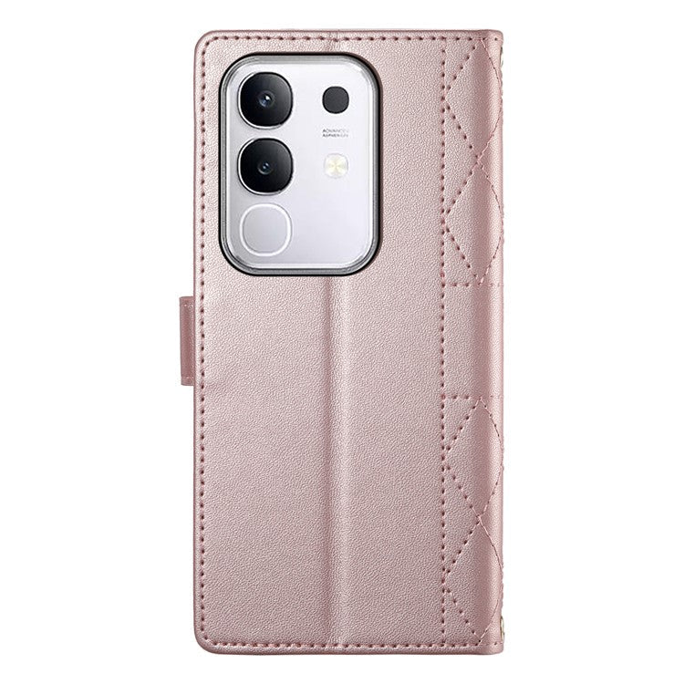 For vivo Y29 4G Case Rhombus Stitching Wallet Stand Leather Phone Cover with Long  /  Short Strap - Rose Gold