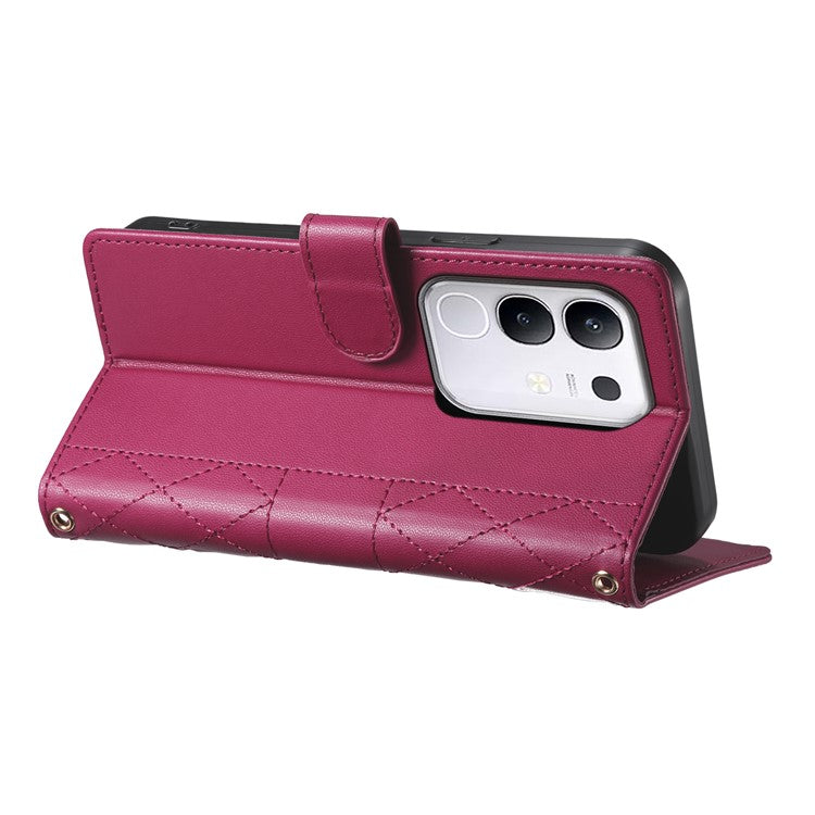 For vivo Y29 4G Case Rhombus Stitching Wallet Stand Leather Phone Cover with Long  /  Short Strap - Red