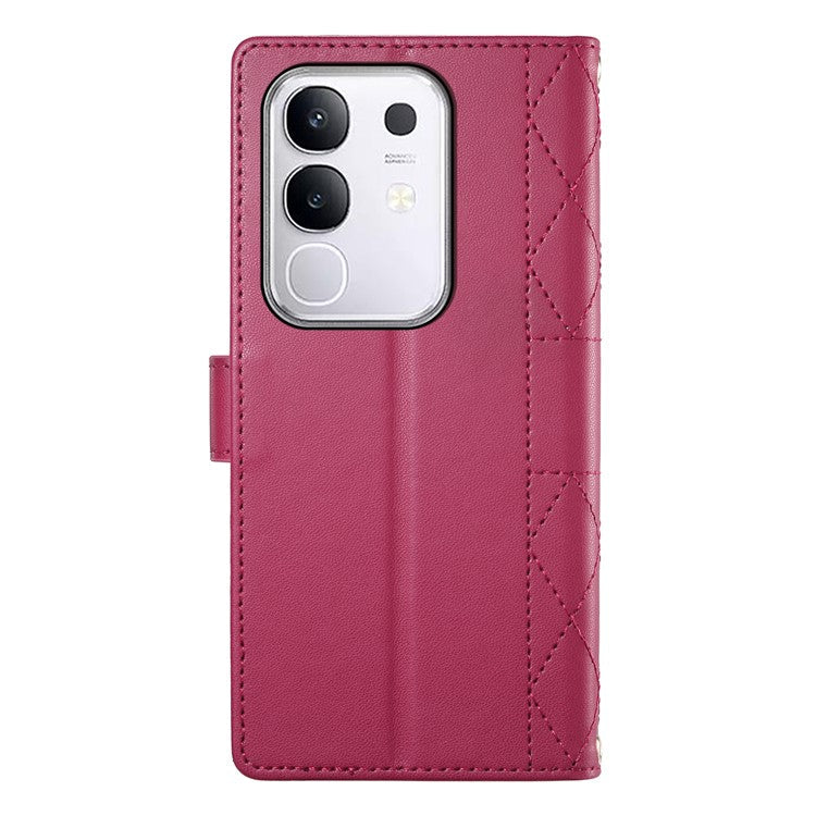 For vivo Y29 4G Case Rhombus Stitching Wallet Stand Leather Phone Cover with Long  /  Short Strap - Red
