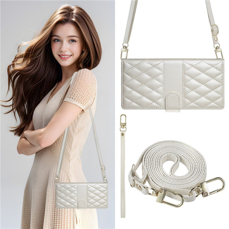 For vivo Y29 4G Case Rhombus Stitching Wallet Stand Leather Phone Cover with Long  /  Short Strap - Beige