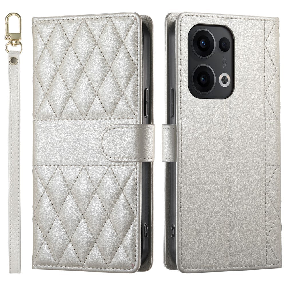 For Oppo Reno13 5G (Global) Case Rhombus Stitching Wallet Stand Leather Phone Cover with Long / Short Strap - Beige
