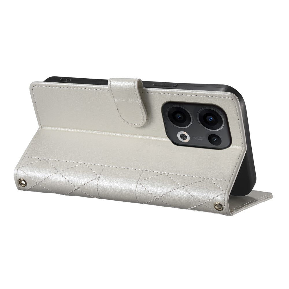 For Oppo Reno13 5G (Global) Case Rhombus Stitching Wallet Stand Leather Phone Cover with Long / Short Strap - Beige