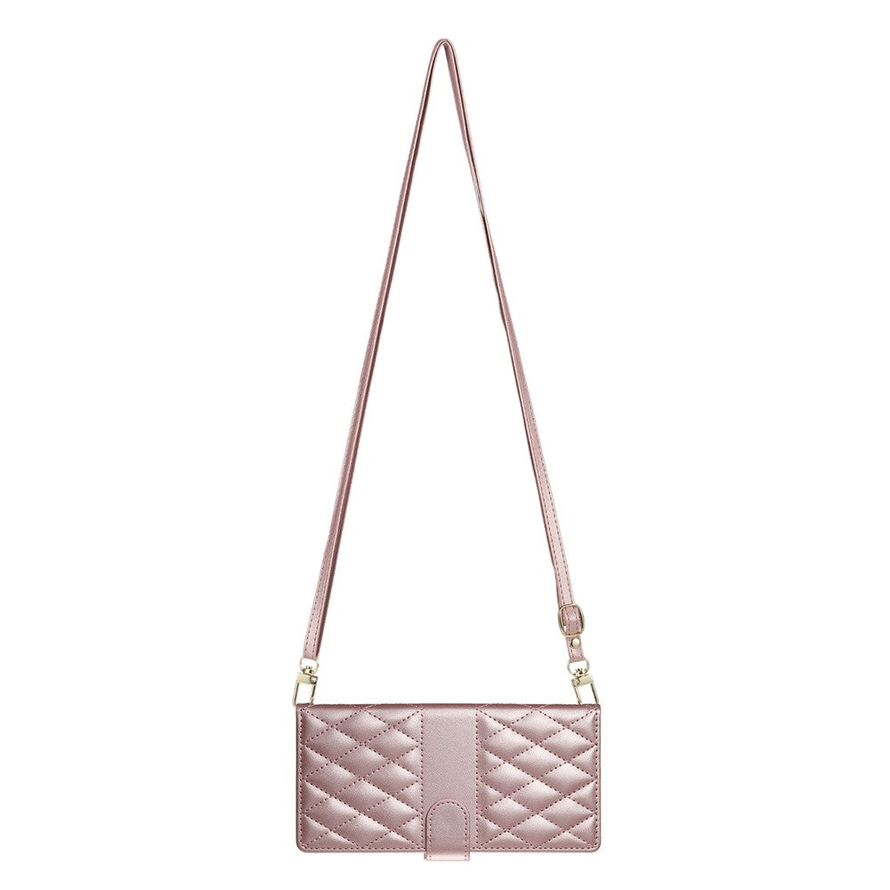 For Oppo Reno13 5G (Global) Case Rhombus Stitching Wallet Stand Leather Phone Cover with Long / Short Strap - Rose Gold