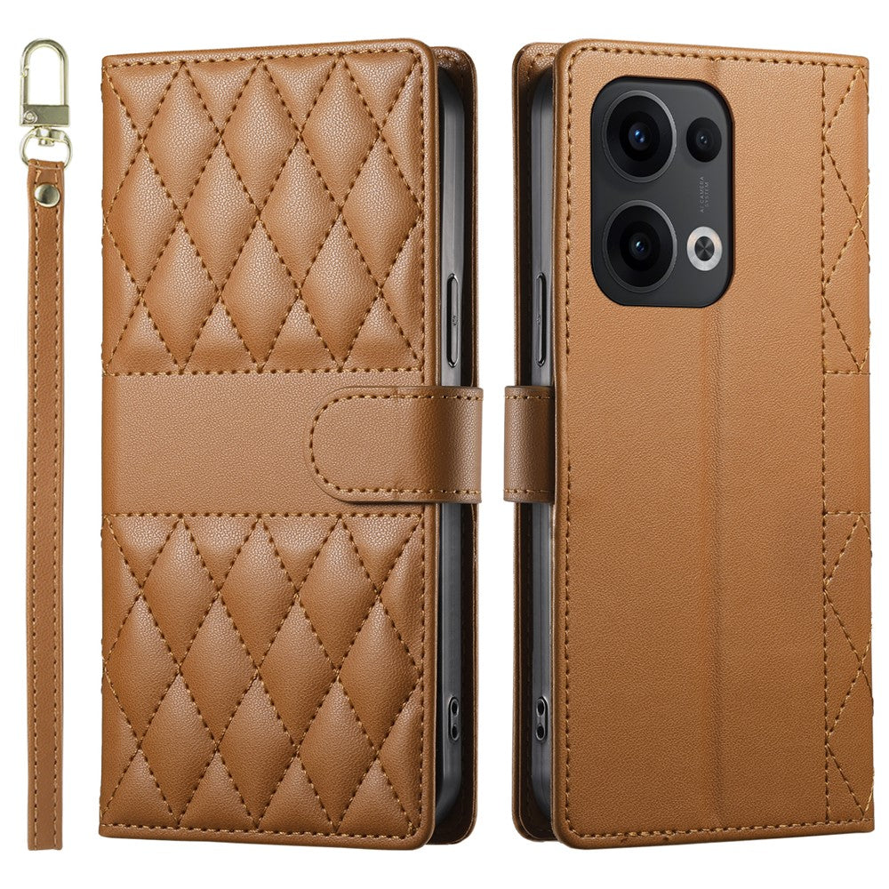 For Oppo Reno13 5G (Global) Case Rhombus Stitching Wallet Stand Leather Phone Cover with Long / Short Strap - Brown