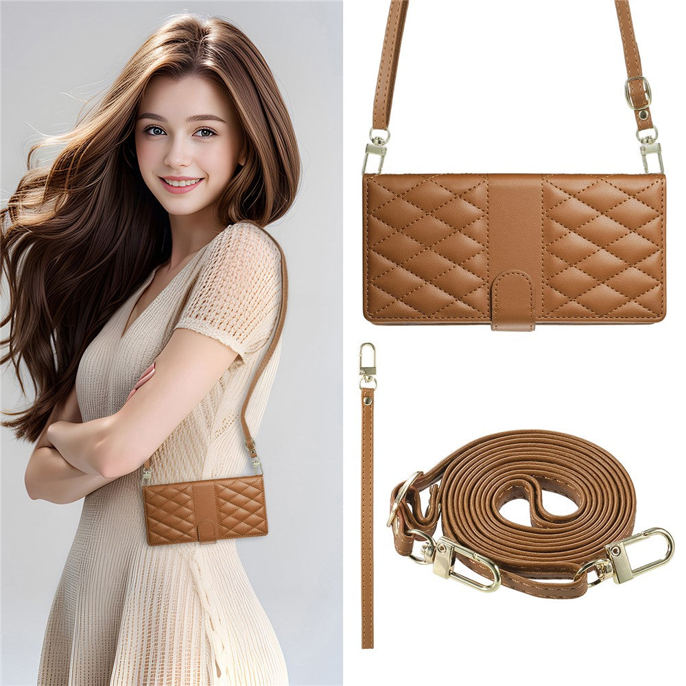 For Oppo Reno13 5G (Global) Case Rhombus Stitching Wallet Stand Leather Phone Cover with Long / Short Strap - Brown