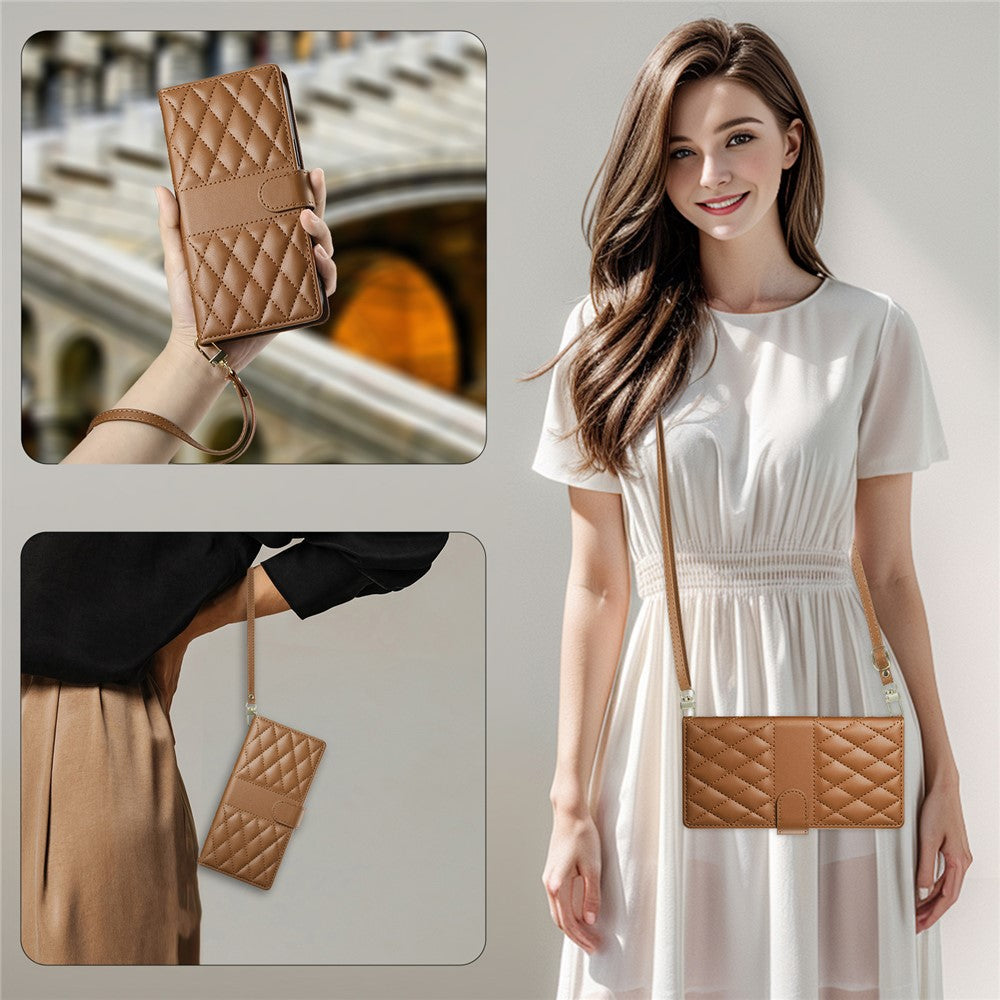 For Oppo Reno13 5G (Global) Case Rhombus Stitching Wallet Stand Leather Phone Cover with Long / Short Strap - Brown