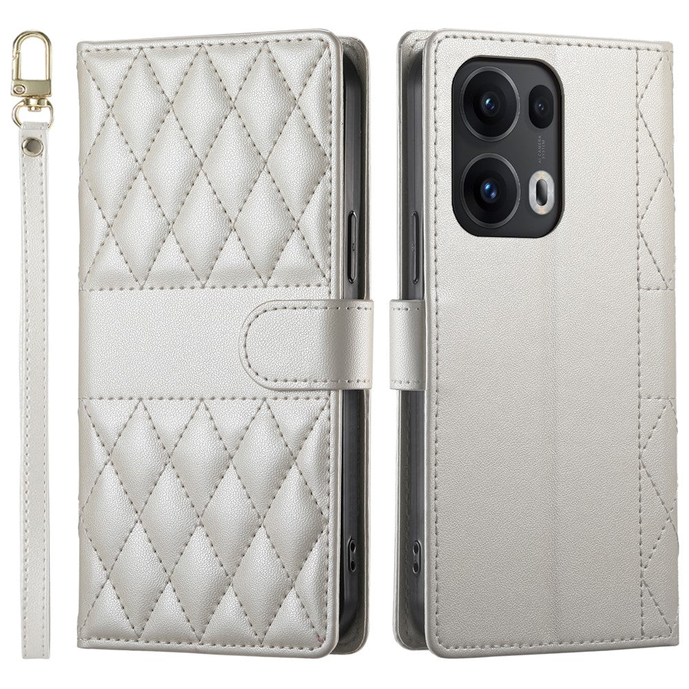 For Oppo Reno13 Pro 5G Case Rhombus Stitching Wallet Stand Leather Phone Cover with Long / Short Strap - Beige