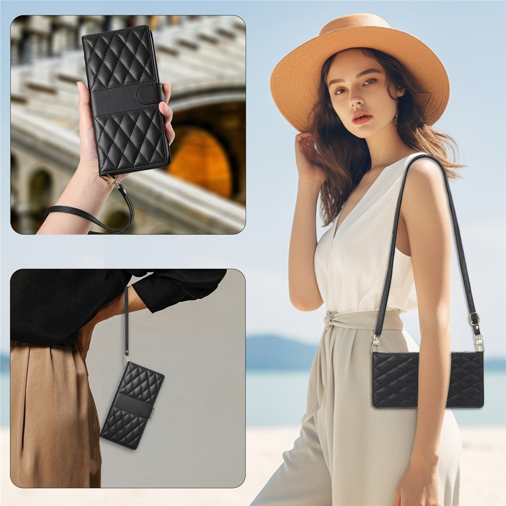For Oppo Reno13 Pro 5G Case Rhombus Stitching Wallet Stand Leather Phone Cover with Long / Short Strap - Black
