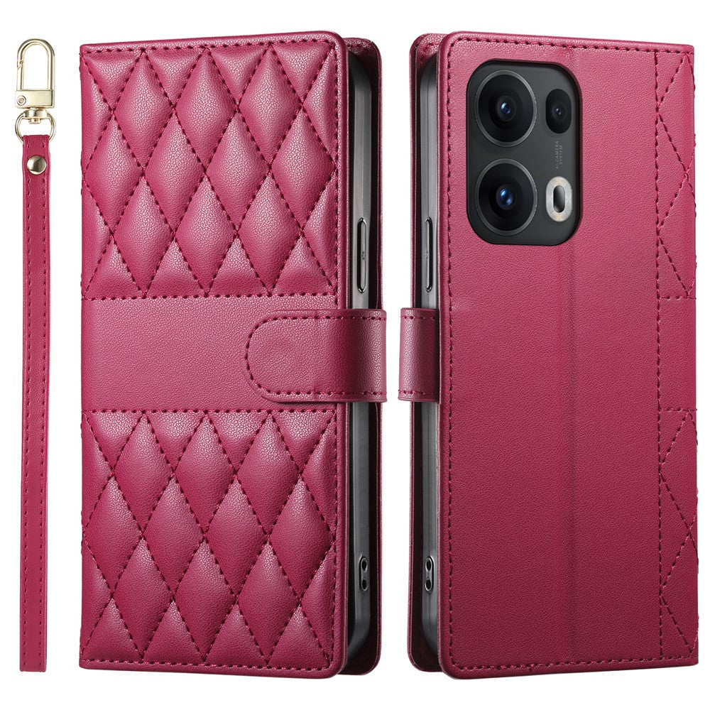 For Oppo Reno13 Pro 5G Case Rhombus Stitching Wallet Stand Leather Phone Cover with Long / Short Strap - Red