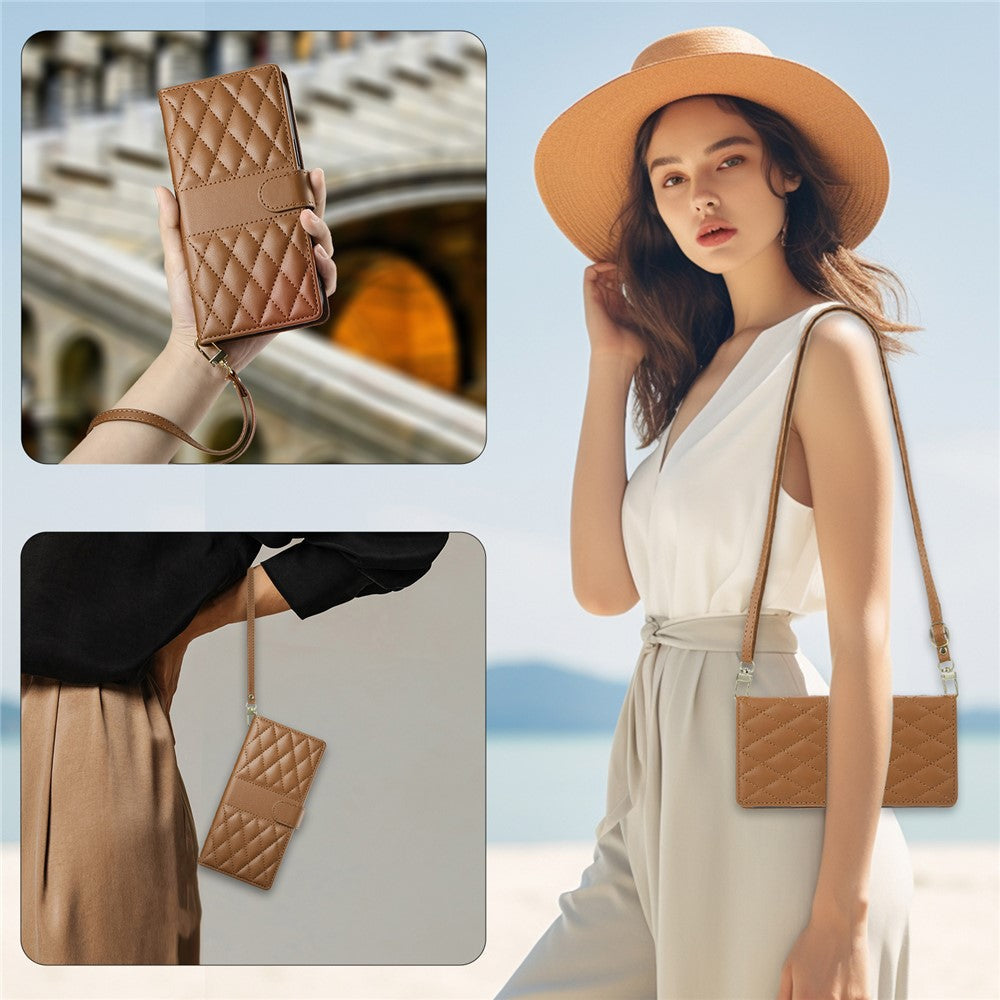 For Oppo Reno13 Pro 5G Case Rhombus Stitching Wallet Stand Leather Phone Cover with Long / Short Strap - Brown