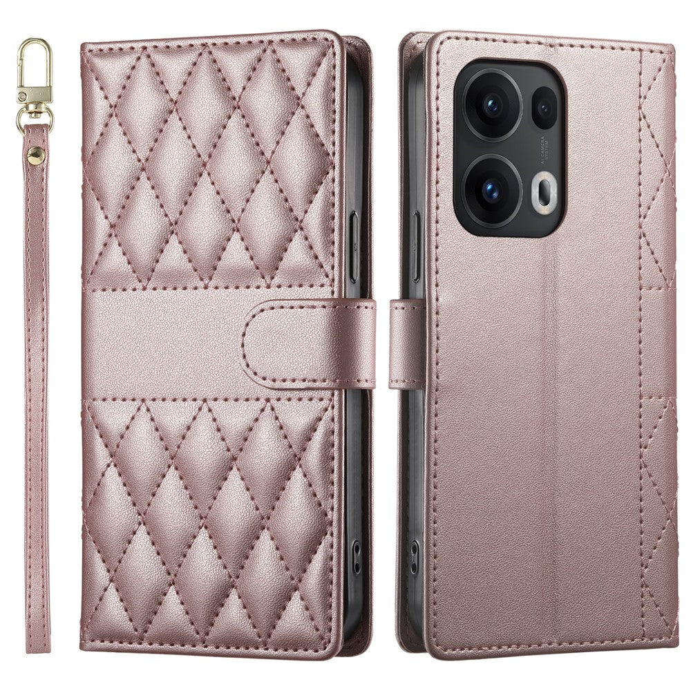 For Oppo Reno13 Pro 5G Case Rhombus Stitching Wallet Stand Leather Phone Cover with Long / Short Strap - Rose Gold