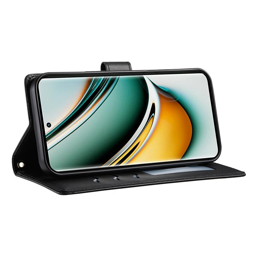 For Oppo Reno13 F 5G Case Rhombus Stitching Wallet Stand Leather Phone Cover with Long  /  Short Strap - Black