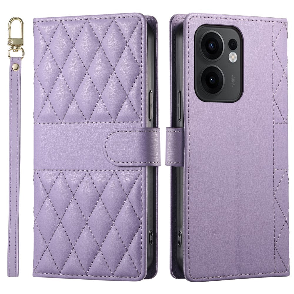 For Oppo Reno13 F 5G Case Rhombus Stitching Wallet Stand Leather Phone Cover with Long  /  Short Strap - Purple