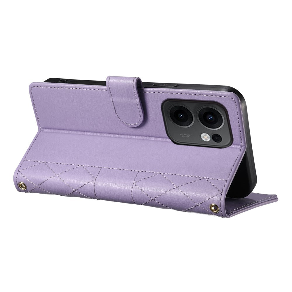 For Oppo Reno13 F 5G Case Rhombus Stitching Wallet Stand Leather Phone Cover with Long  /  Short Strap - Purple