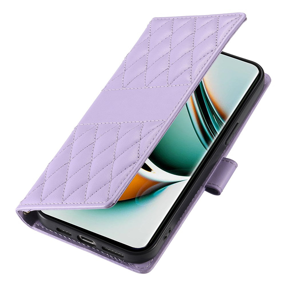 For Oppo Reno13 F 5G Case Rhombus Stitching Wallet Stand Leather Phone Cover with Long  /  Short Strap - Purple