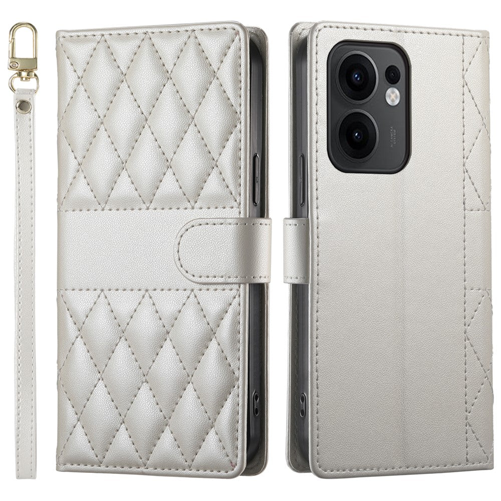 For Oppo Reno13 F 5G Case Rhombus Stitching Wallet Stand Leather Phone Cover with Long  /  Short Strap - Beige