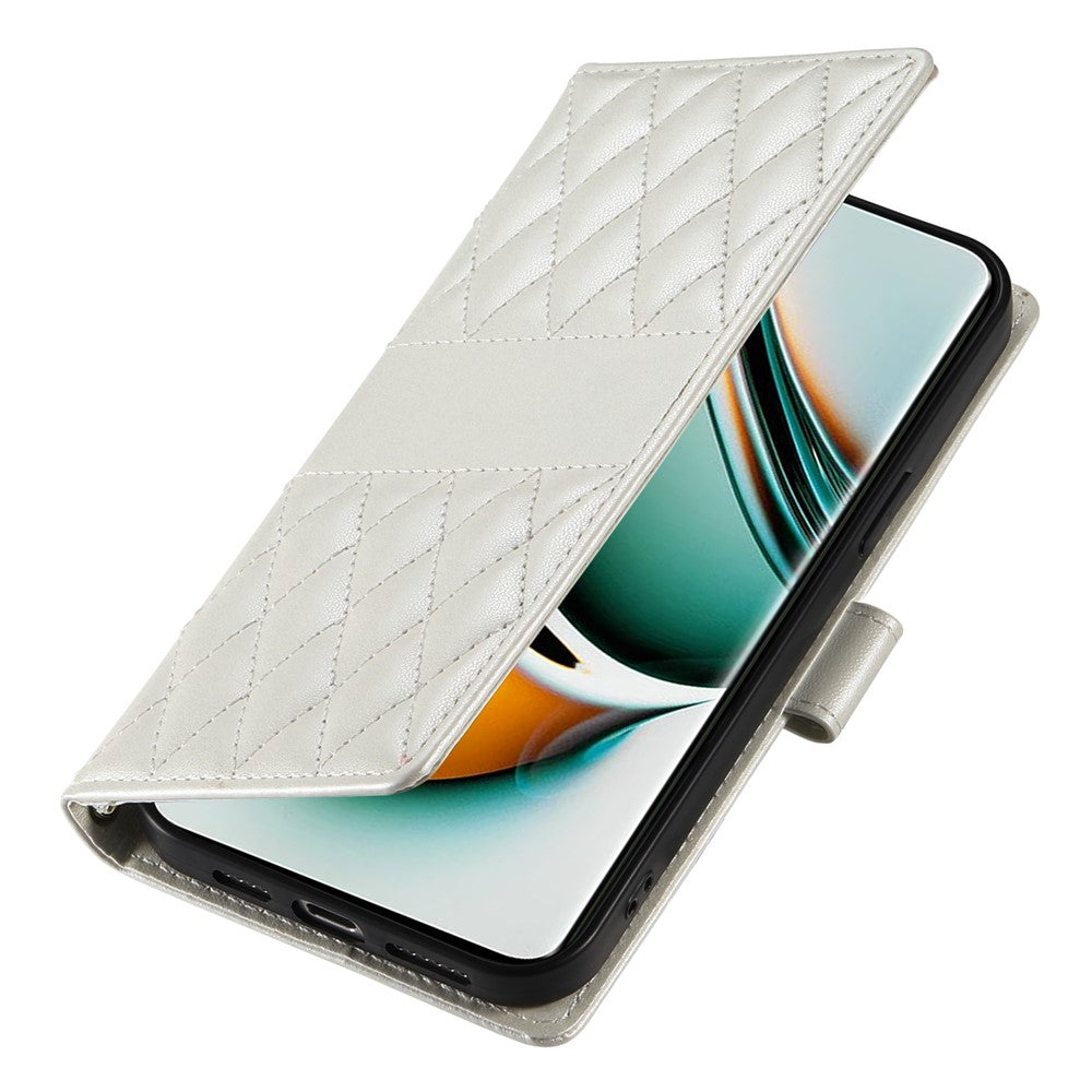For Oppo Reno13 F 5G Case Rhombus Stitching Wallet Stand Leather Phone Cover with Long  /  Short Strap - Beige