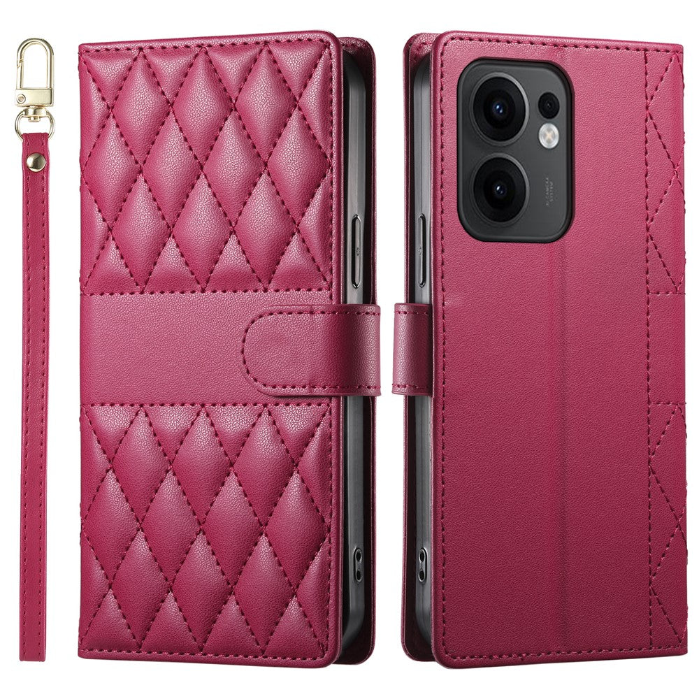 For Oppo Reno13 F 5G Case Rhombus Stitching Wallet Stand Leather Phone Cover with Long  /  Short Strap - Red