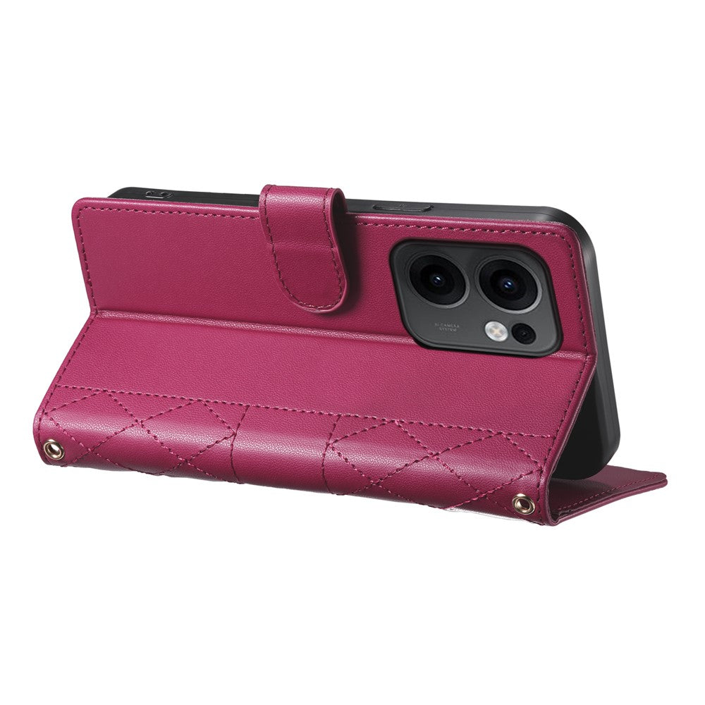For Oppo Reno13 F 5G Case Rhombus Stitching Wallet Stand Leather Phone Cover with Long  /  Short Strap - Red