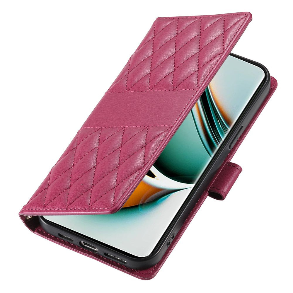 For Oppo Reno13 F 5G Case Rhombus Stitching Wallet Stand Leather Phone Cover with Long  /  Short Strap - Red