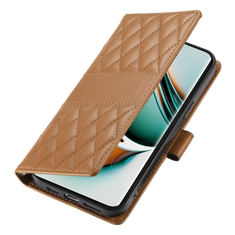 For Oppo Reno13 F 5G Case Rhombus Stitching Wallet Stand Leather Phone Cover with Long  /  Short Strap - Brown