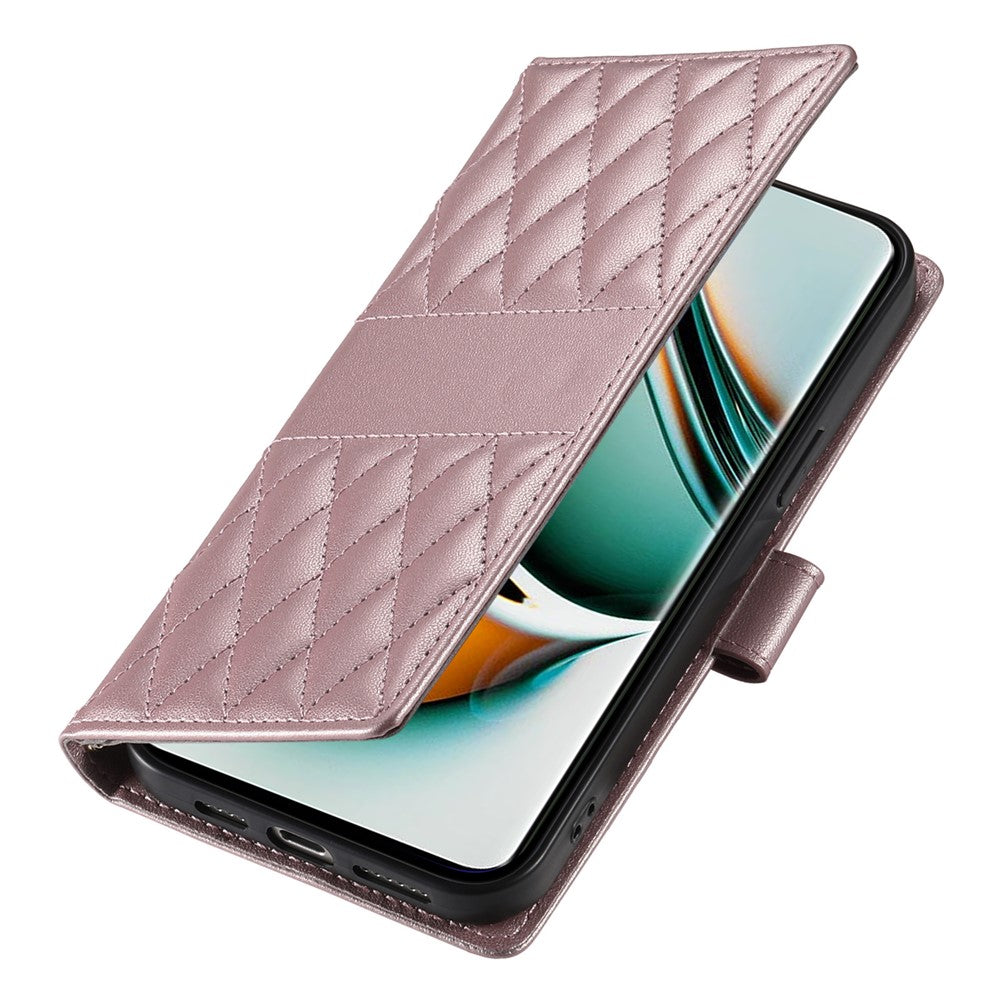 For Oppo Reno13 F 5G Case Rhombus Stitching Wallet Stand Leather Phone Cover with Long  /  Short Strap - Rose Gold