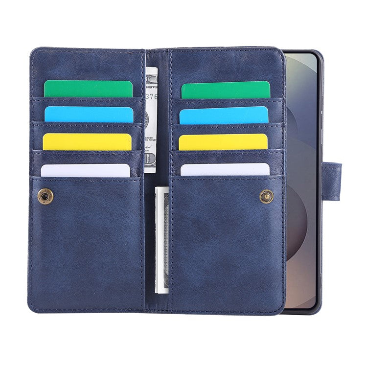 For Samsung Galaxy S25 Edge Case Split Leather Magnetic Wallet Phone Protector with Wrist Strap - Blue