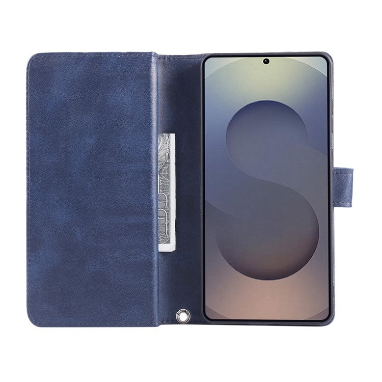 For Samsung Galaxy S25 Edge Case Split Leather Magnetic Wallet Phone Protector with Wrist Strap - Blue