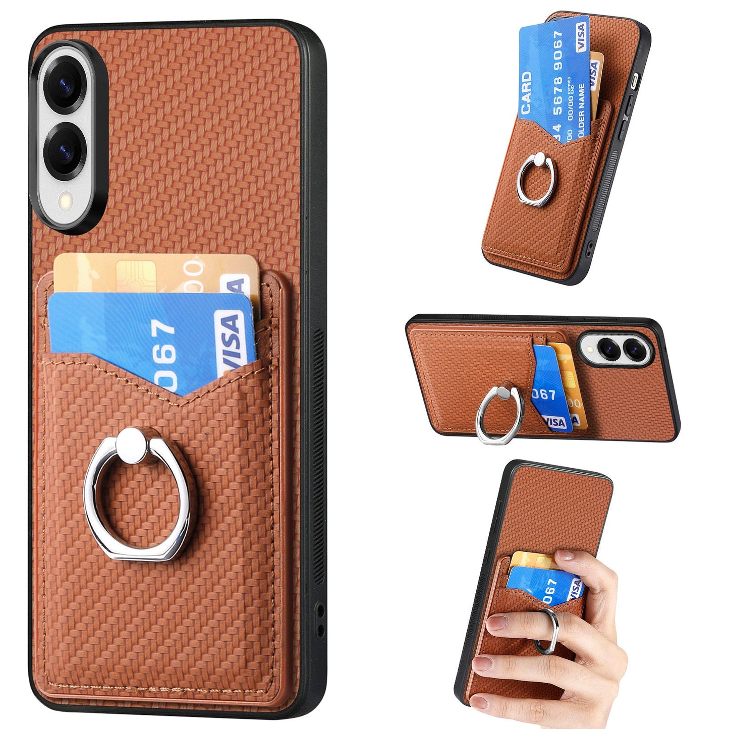 For Samsung Galaxy S25 Edge Case Card Slots Ring Holder Kickstand Phone Cover - Brown