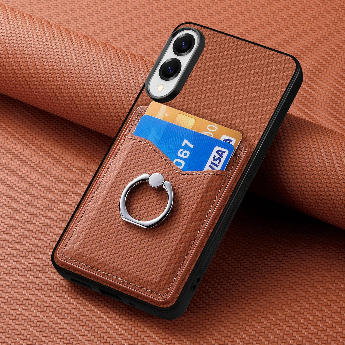 For Samsung Galaxy S25 Edge Case Card Slots Ring Holder Kickstand Phone Cover - Brown