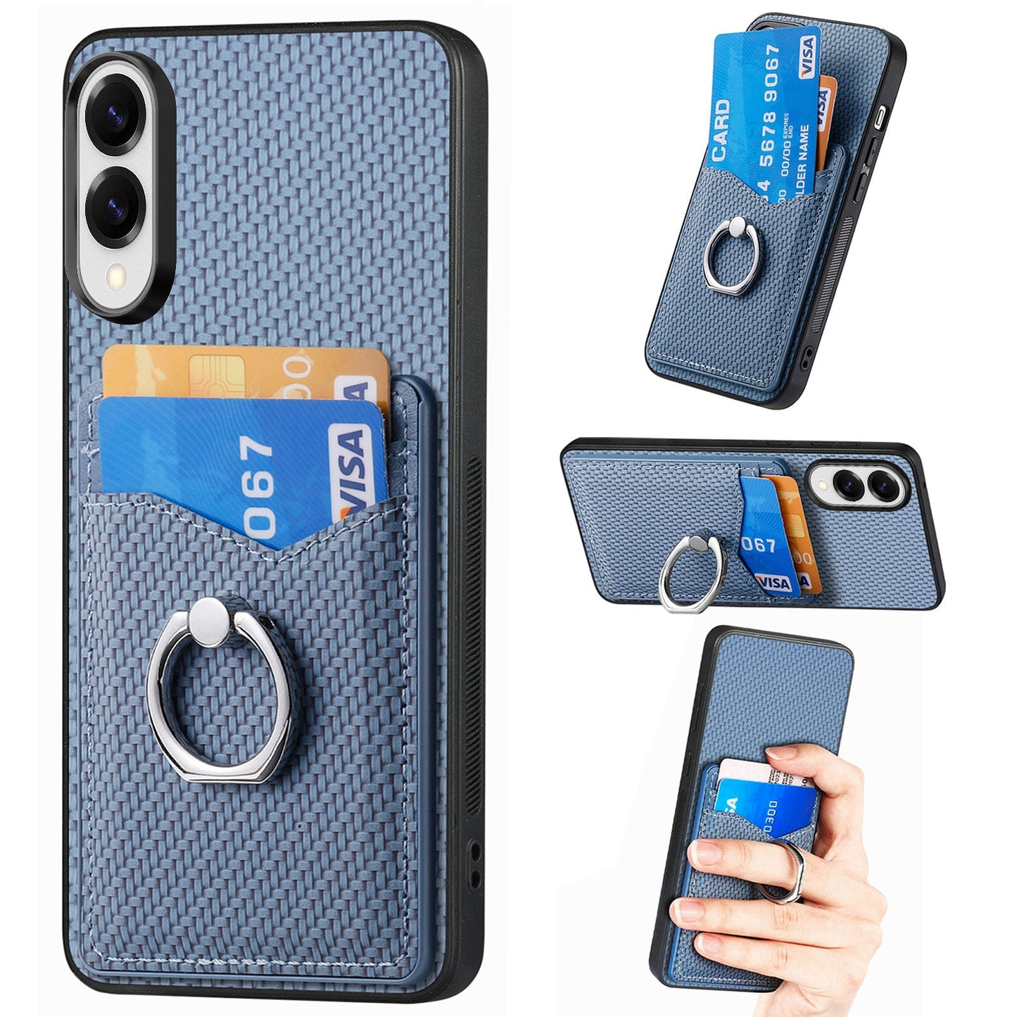 For Samsung Galaxy S25 Edge Case Card Slots Ring Holder Kickstand Phone Cover - Blue