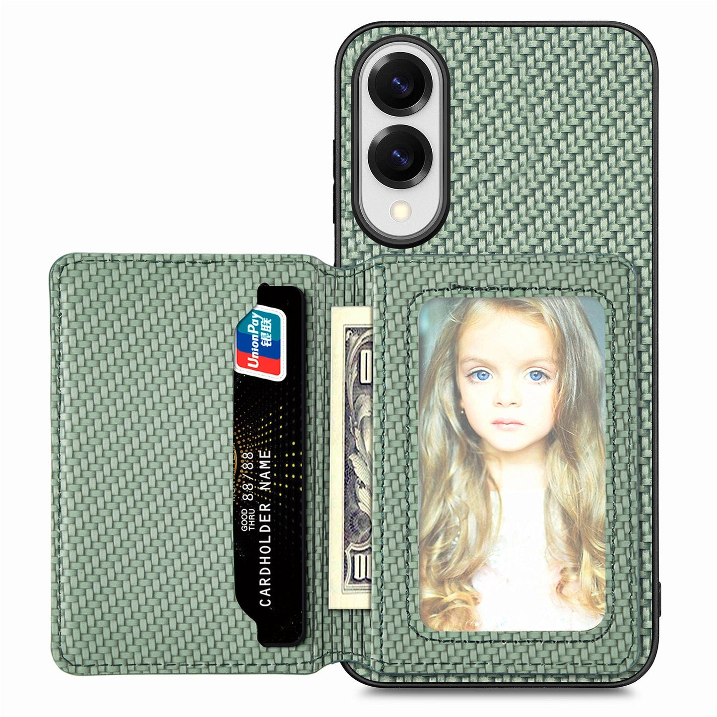 For Samsung Galaxy S25 Edge Case RFID Blocking Carbon Fiber Leather Phone Back Cover with Card Holder - Green