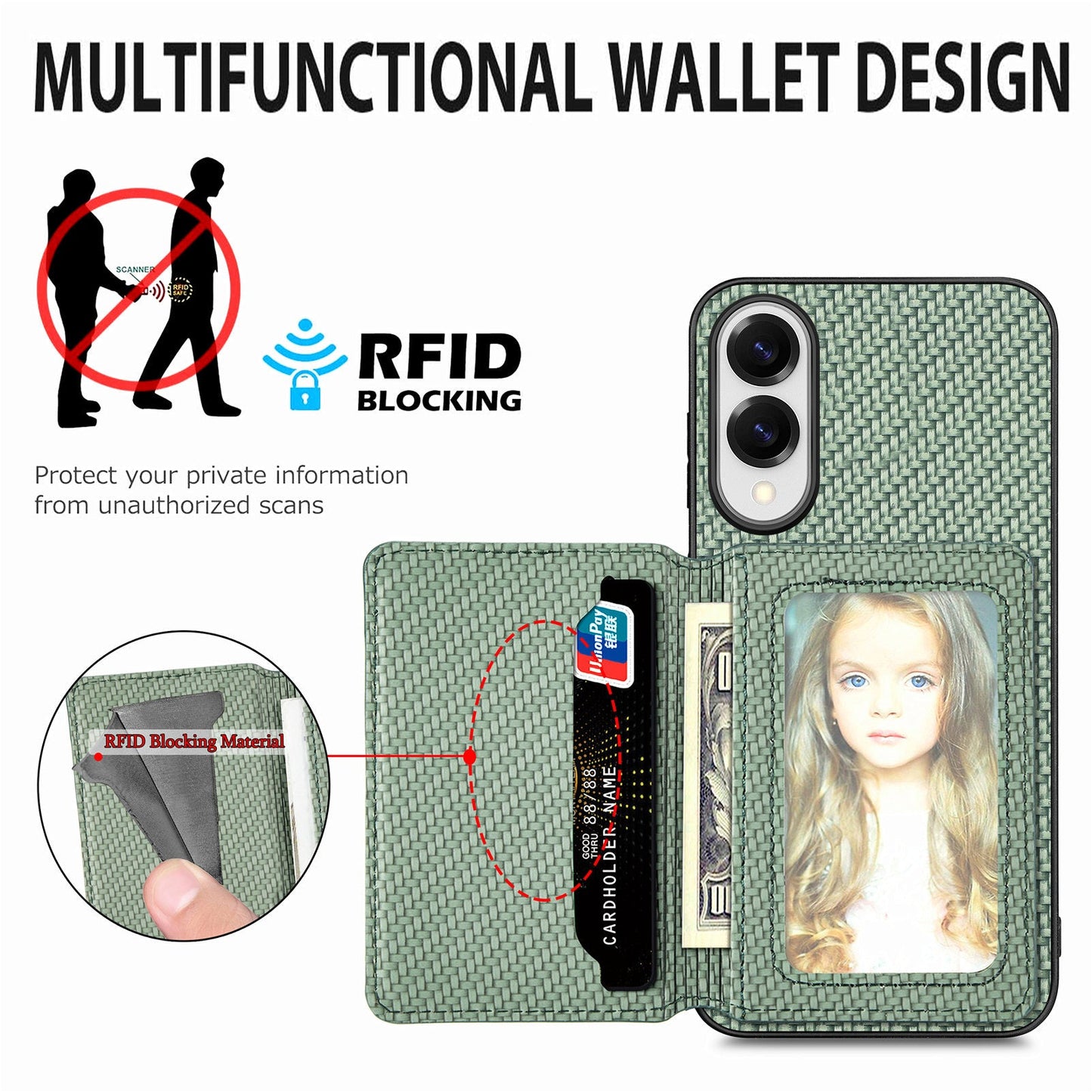 For Samsung Galaxy S25 Edge Case RFID Blocking Carbon Fiber Leather Phone Back Cover with Card Holder - Green