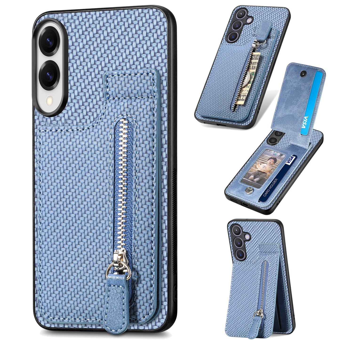 For Samsung Galaxy S25 Edge Case Leather Phone Back Cover with Zipper Card Holder Kickstand - Blue