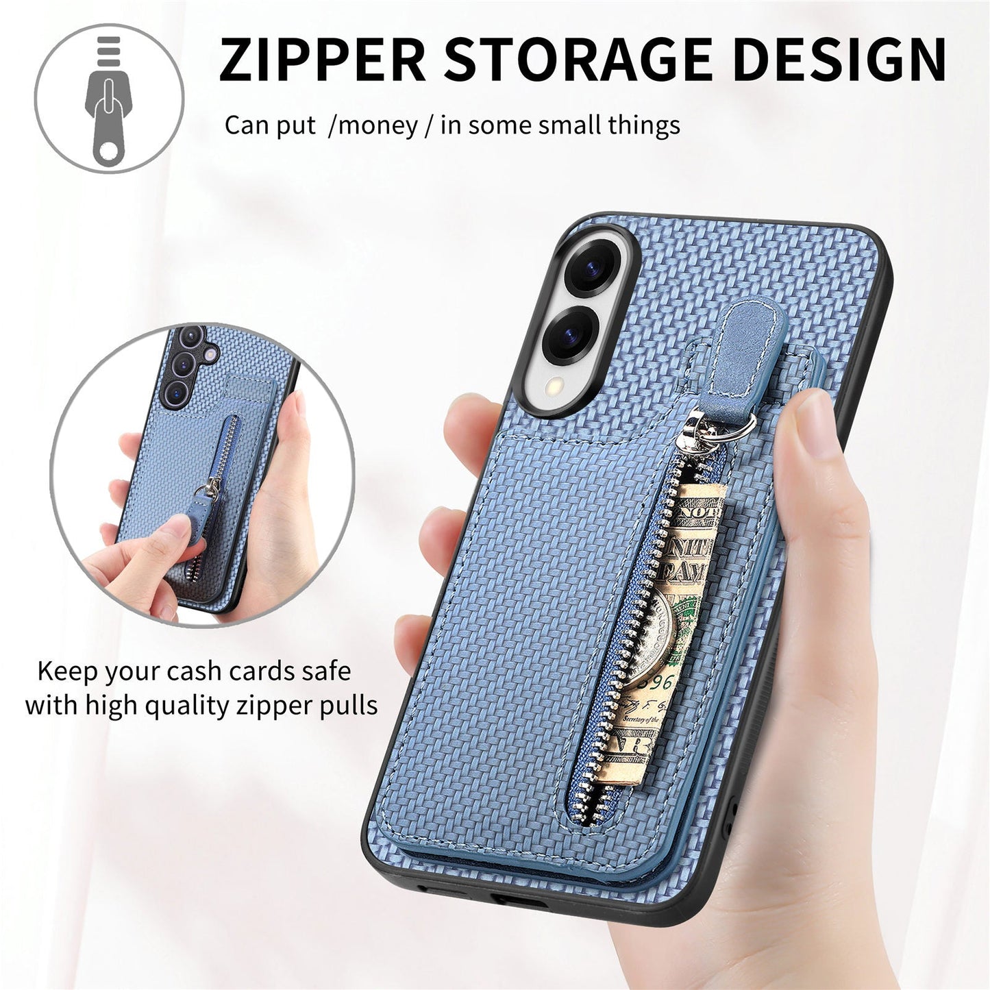 For Samsung Galaxy S25 Edge Case Leather Phone Back Cover with Zipper Card Holder Kickstand - Blue