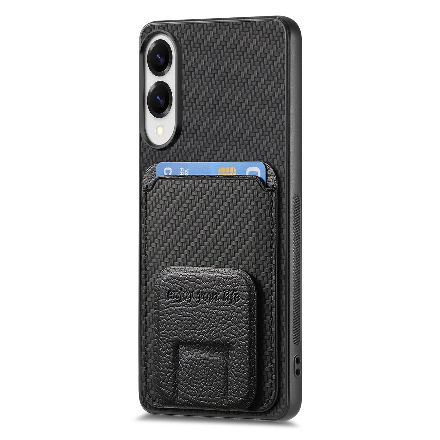 For Samsung Galaxy S25 Edge Case Card Holder Carbon Fiber Texture Leather Coated TPU Phone Cover - Black