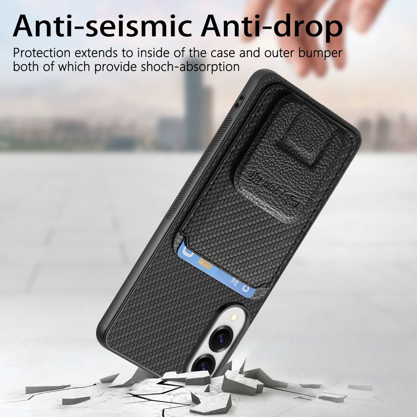 For Samsung Galaxy S25 Edge Case Card Holder Carbon Fiber Texture Leather Coated TPU Phone Cover - Black