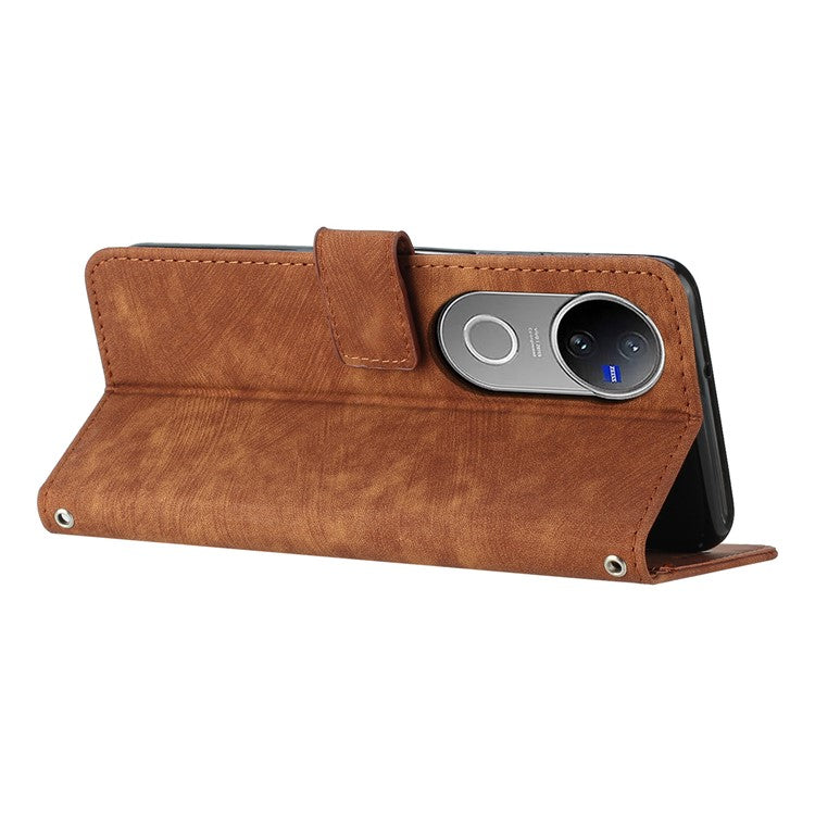 For vivo V50 5G Case Imprinted Lines Leather Phone Cover with Stand - Brown
