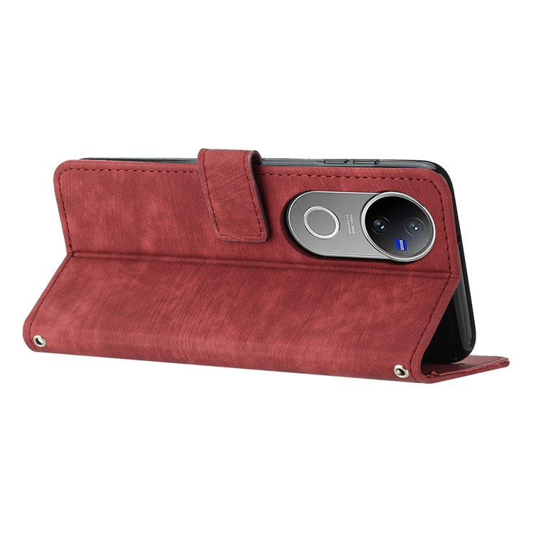 For vivo V50 5G Case Imprinted Lines Leather Phone Cover with Stand - Red