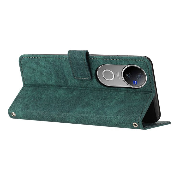 For vivo V50 5G Case Imprinted Lines Leather Phone Cover with Stand - Green