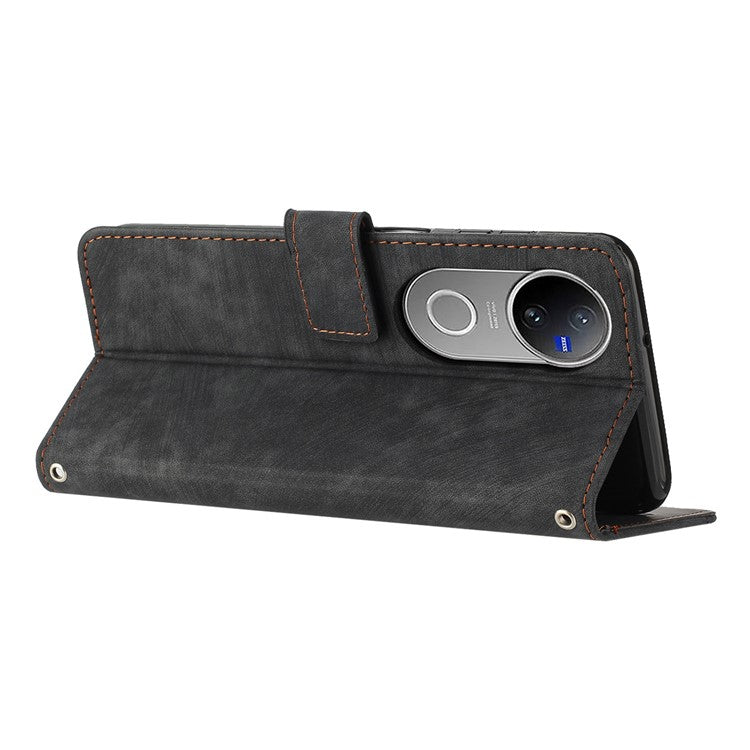 For vivo V50 5G Case Imprinted Lines Leather Phone Cover with Stand - Black