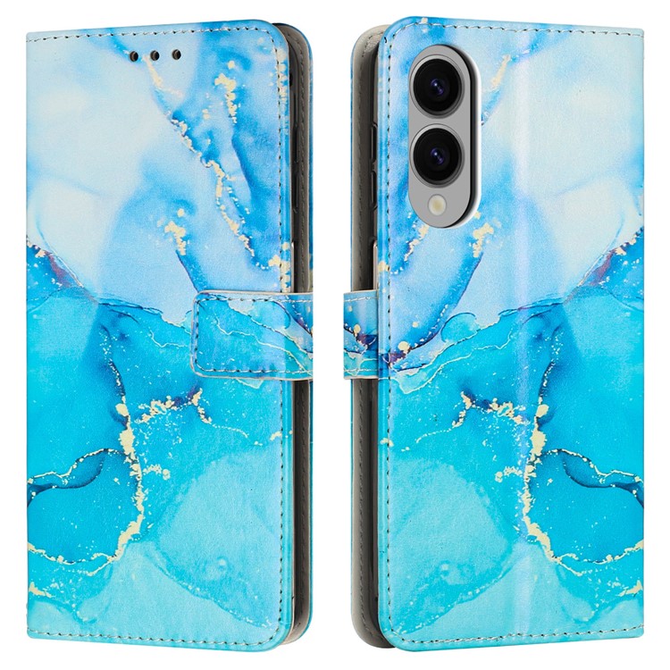 For Samsung Galaxy S25 Edge Stand Case Marble Pattern PU Leather Wallet Phone Cover - Blue / Green