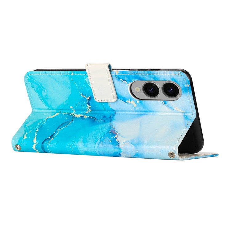 For Samsung Galaxy S25 Edge Stand Case Marble Pattern PU Leather Wallet Phone Cover - Blue / Green