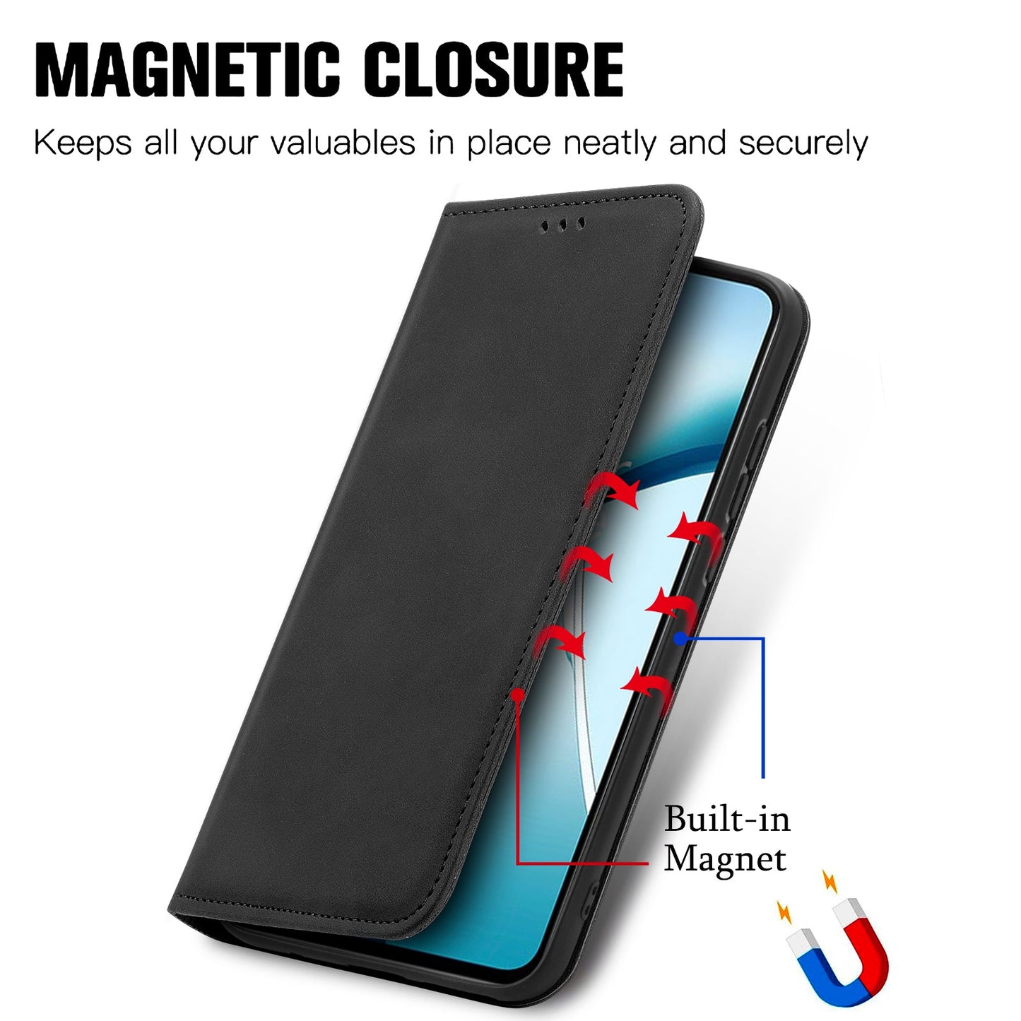 For Samsung Galaxy S25 Edge Leather Case with Card Holder Magnetic Absorption Phone Cover - Black