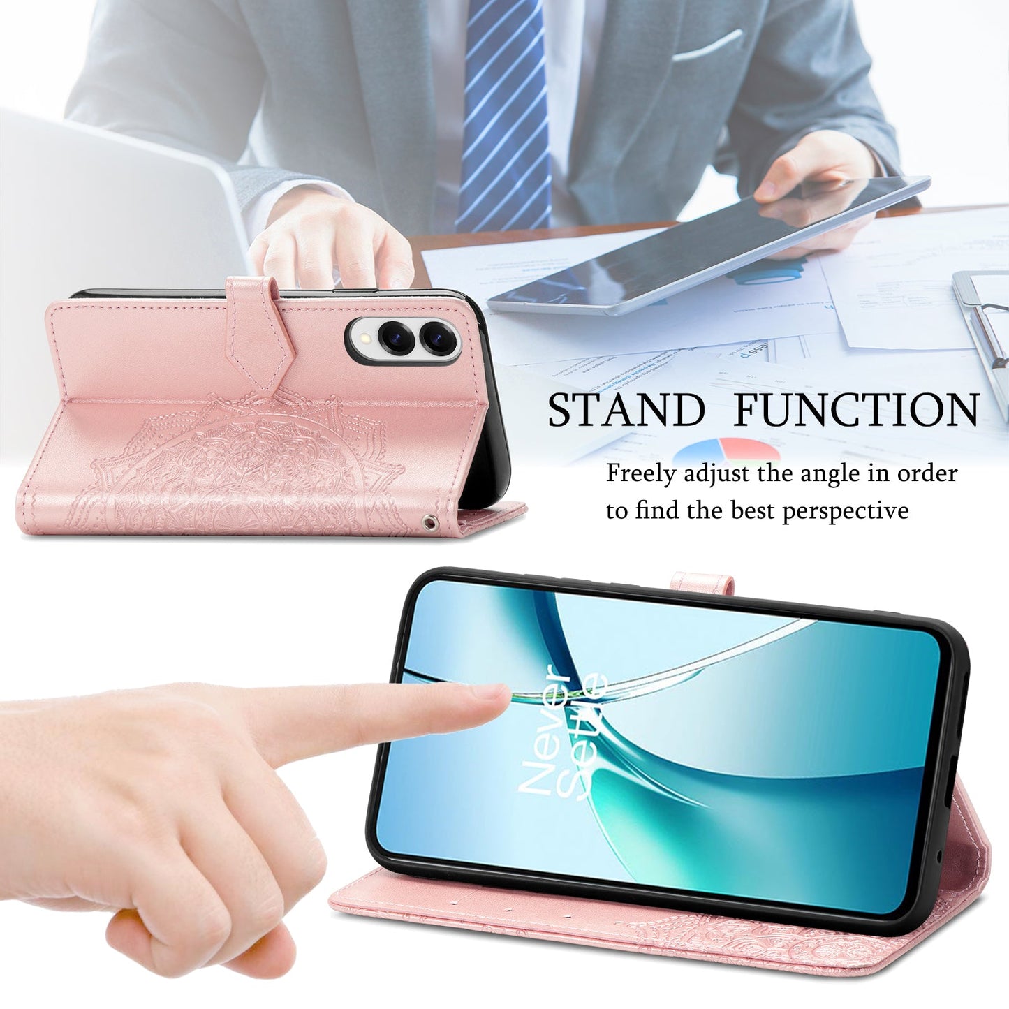 For Samsung Galaxy S25 Edge Wallet Case Mandala Flower Leather Phone Cover Stand - Rose Gold