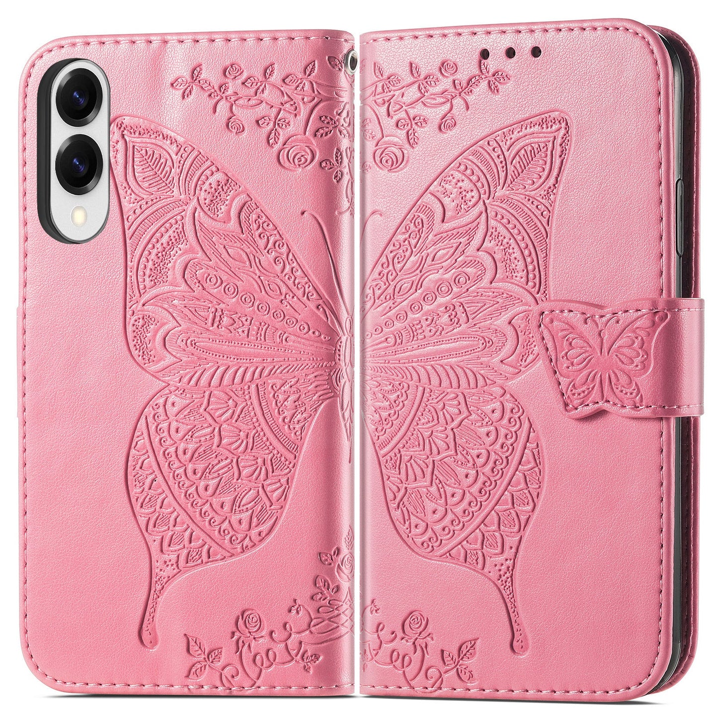 For Samsung Galaxy S25 Edge Case with Strap Butterfly Pattern PU Leather Wallet Phone Cover - Pink