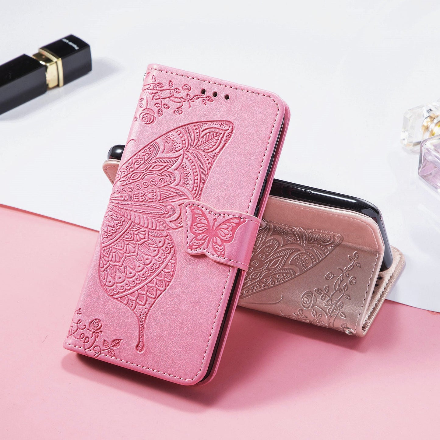 For Samsung Galaxy S25 Edge Case with Strap Butterfly Pattern PU Leather Wallet Phone Cover - Pink