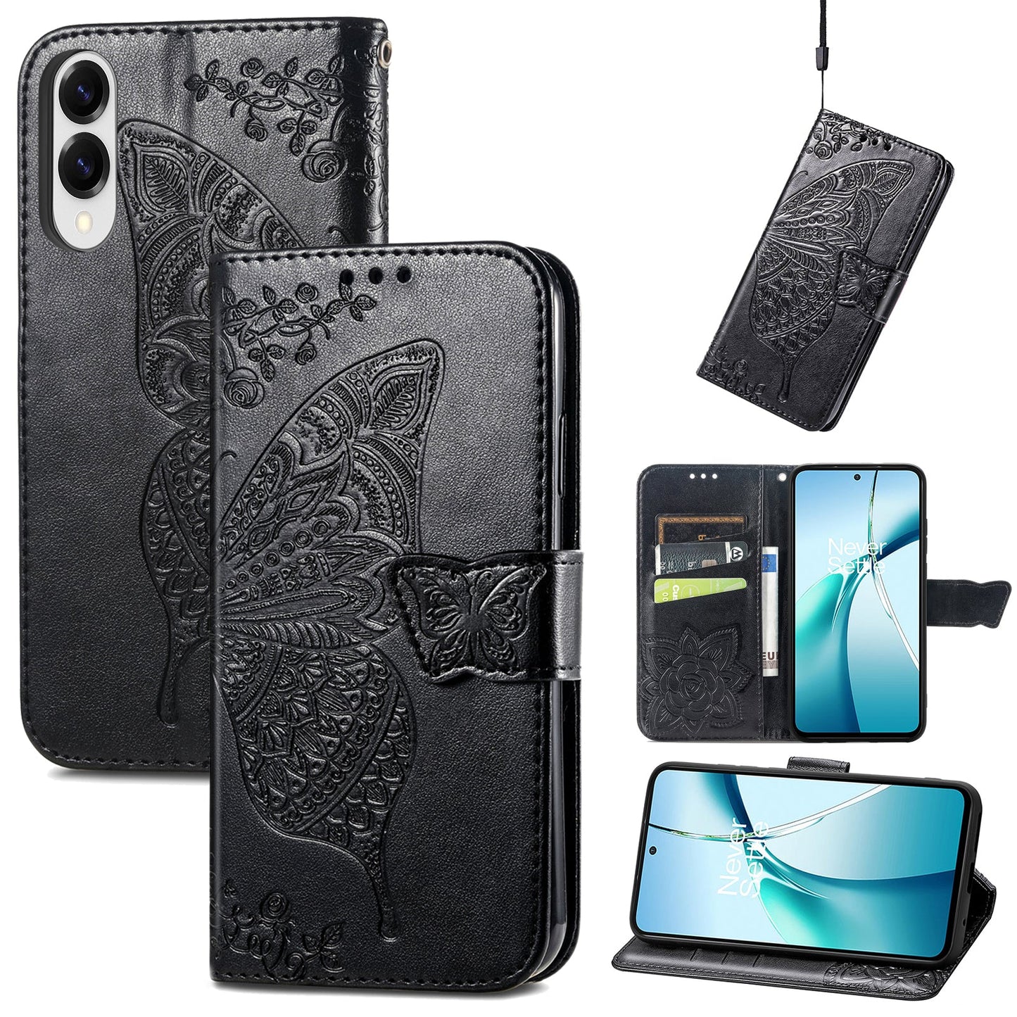 For Samsung Galaxy S25 Edge Case with Strap Butterfly Pattern PU Leather Wallet Phone Cover - Black