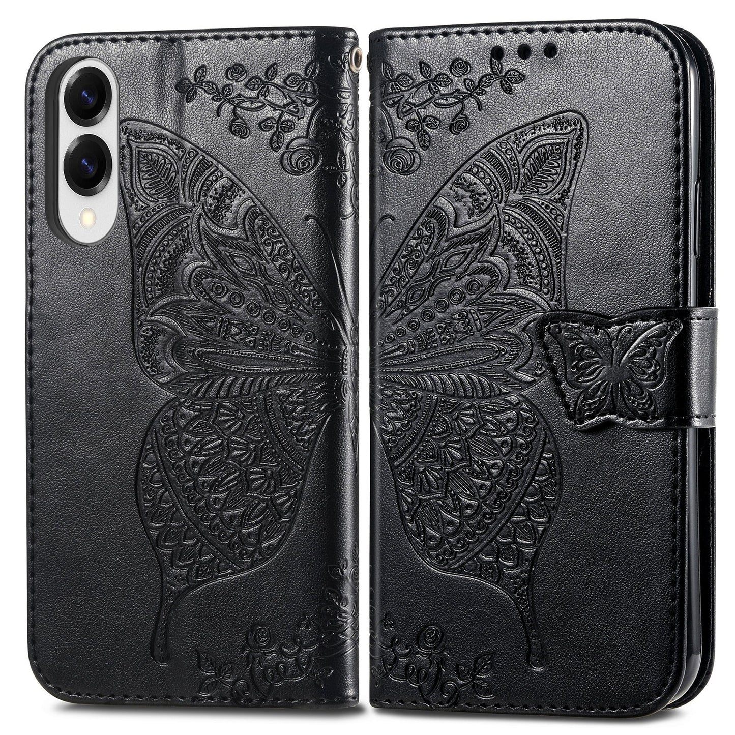 For Samsung Galaxy S25 Edge Case with Strap Butterfly Pattern PU Leather Wallet Phone Cover - Black