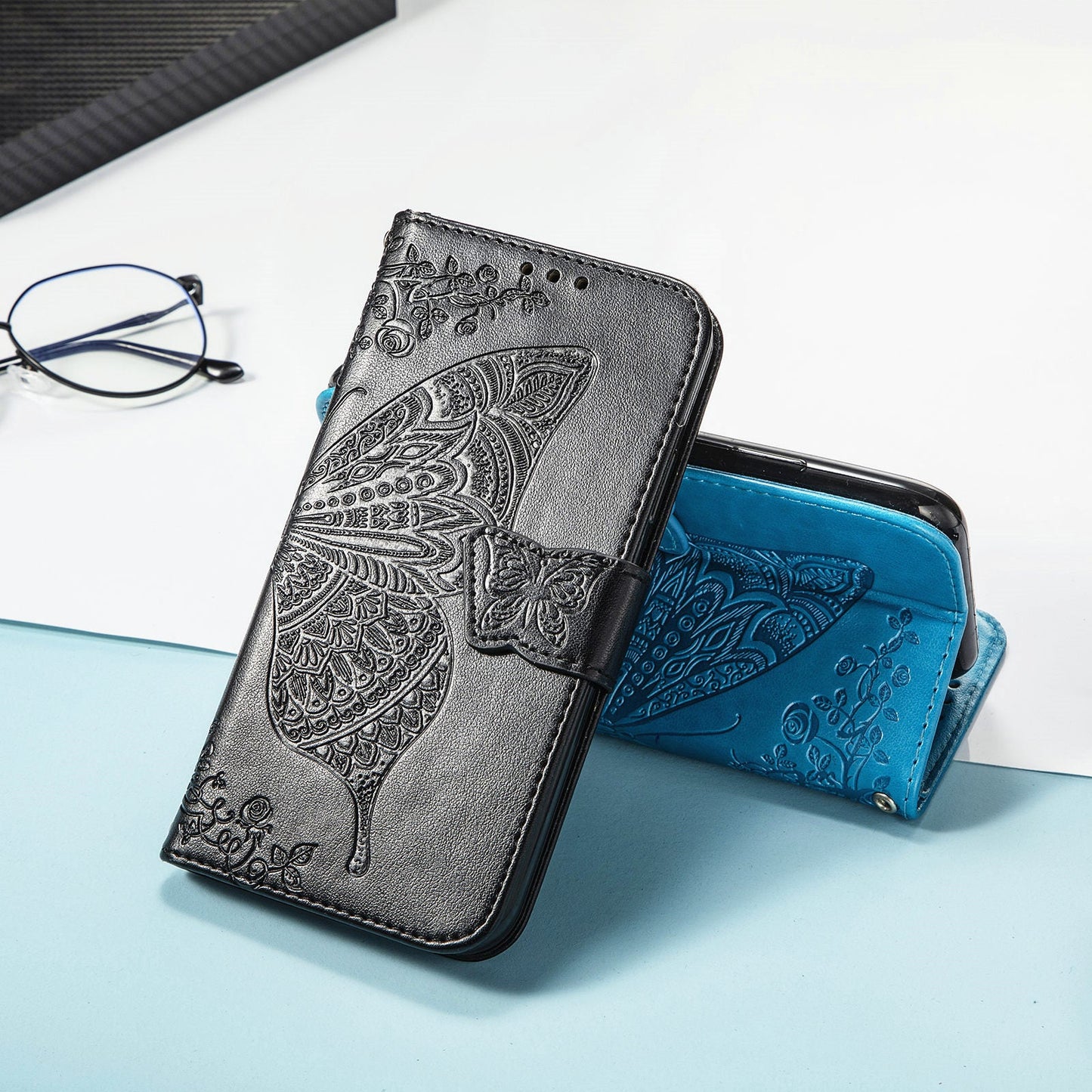 For Samsung Galaxy S25 Edge Case with Strap Butterfly Pattern PU Leather Wallet Phone Cover - Black